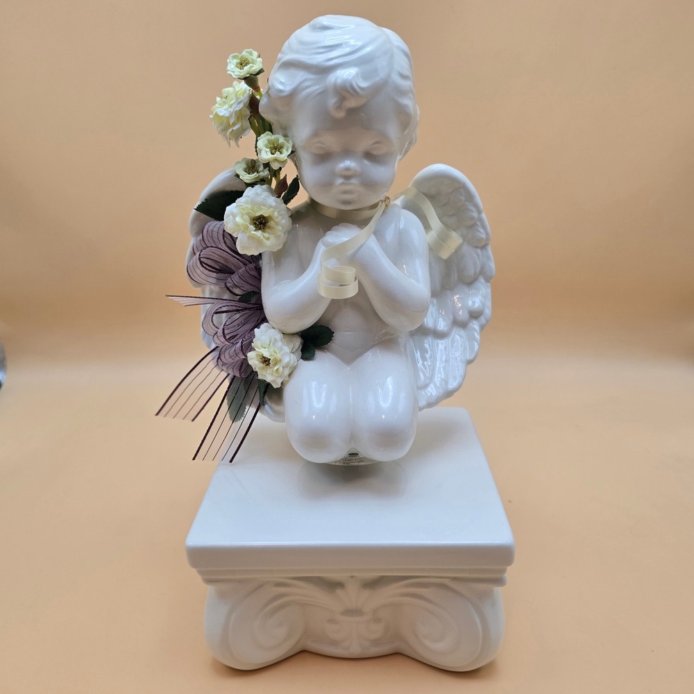 Vintage White Ceramic Rotating Cherub Angel Figurine on Pedestal with Flowers